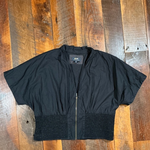 Maeve by Anthropologie Black Zip Front Smocked Waist Top Size Large - Picture 3 of 7